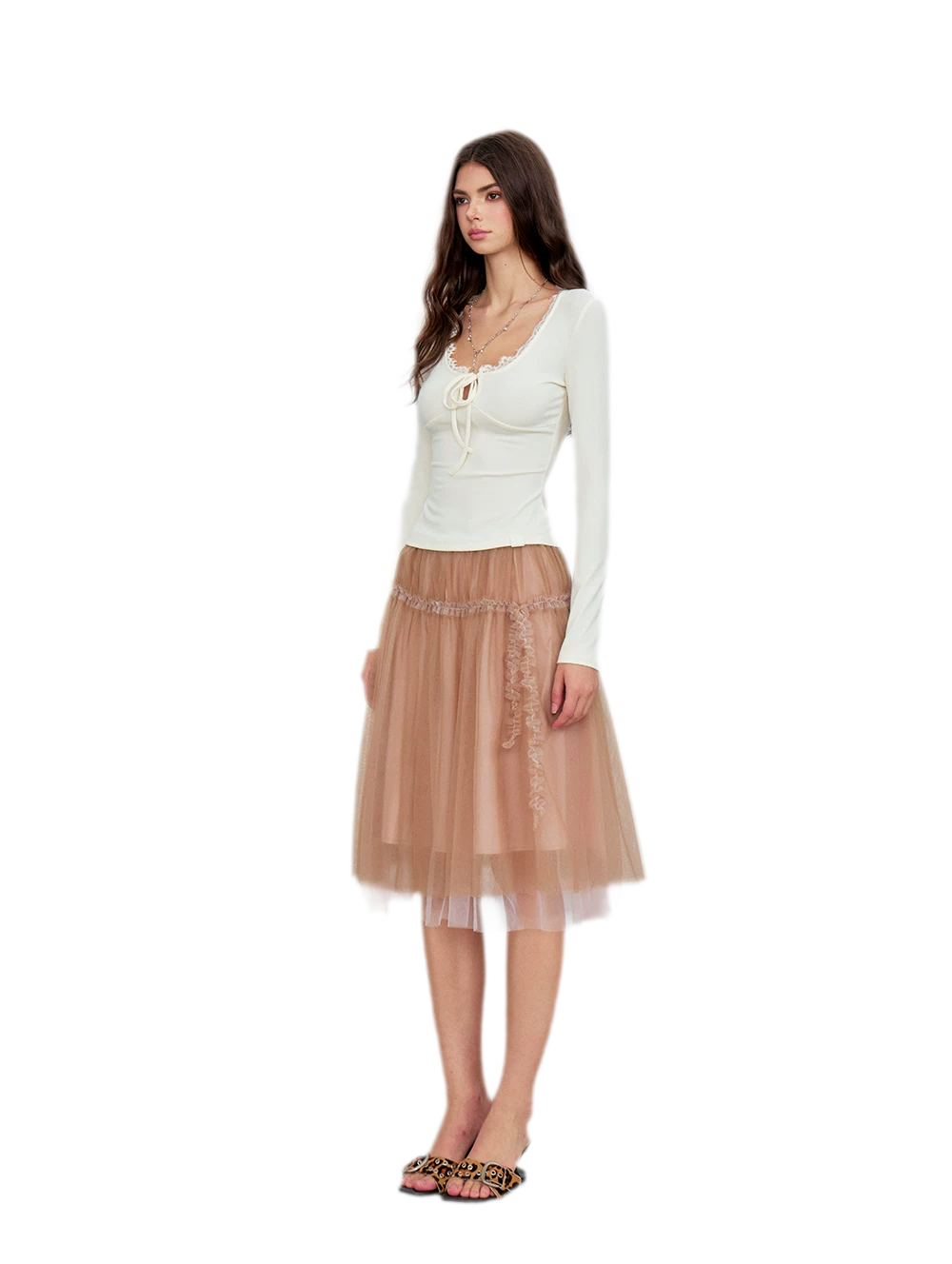 Layered Mesh Ruffle Midi Skirt