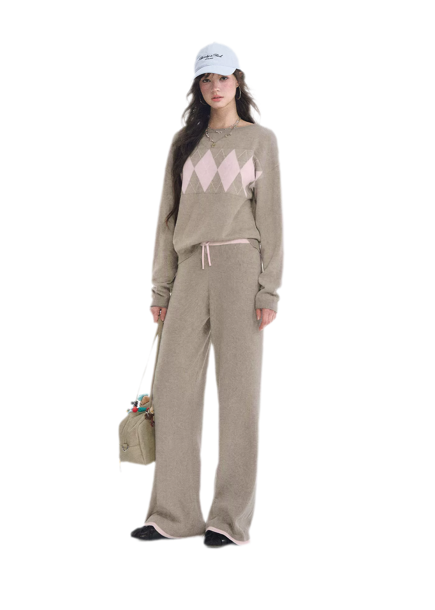Argyle Off-Shoulder Knit Set