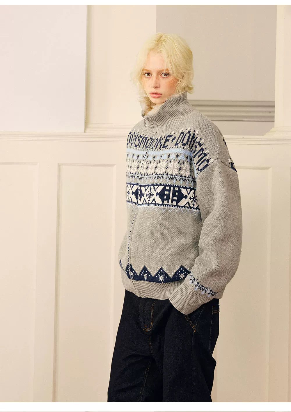Jacquard Cropped Zip Sweater