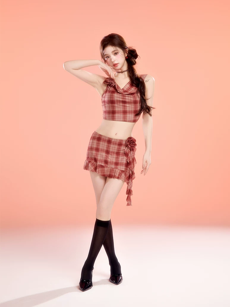 Plaid Cowl Neck Skort Set