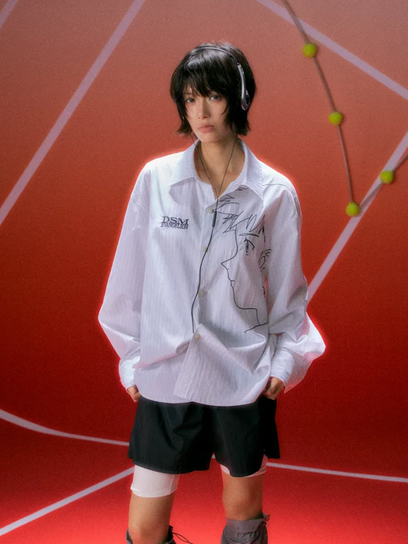 Fine-Stripe Embroidered Graphic Shirt