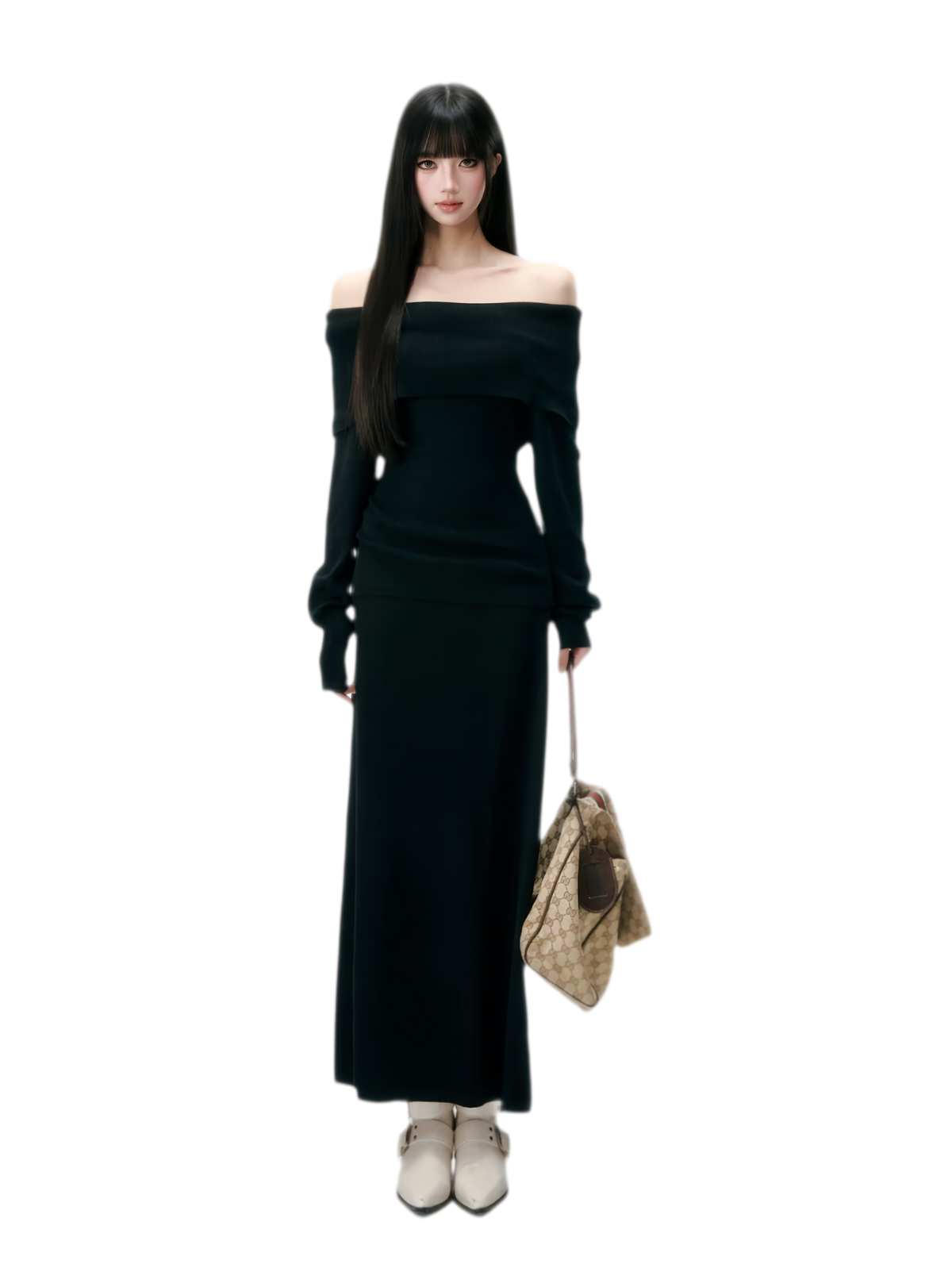 Wool Blend Off-Shoulder Skirt Set