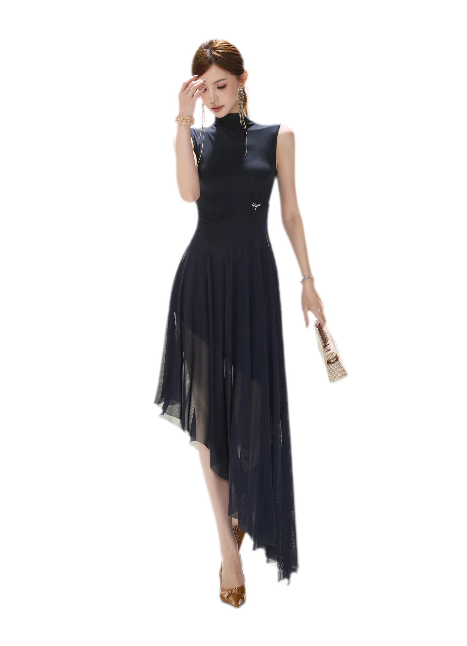 Mesh Splice Midi Dress