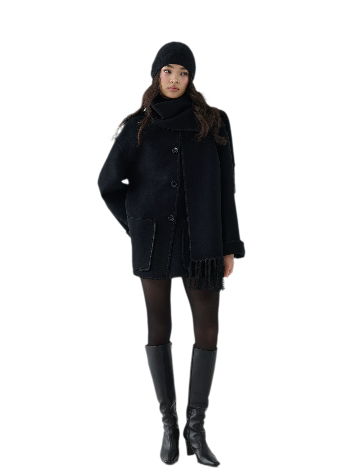 Double-Faced Wool Fringe Cape Coat