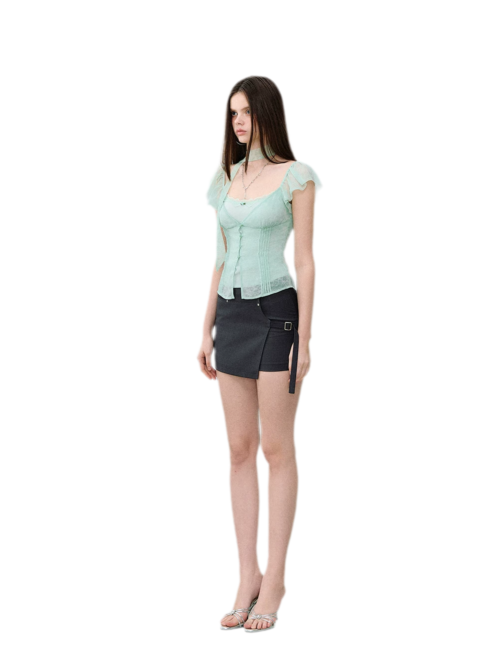 Tie-Dye Chiffon Ribbon-Neck Blouse