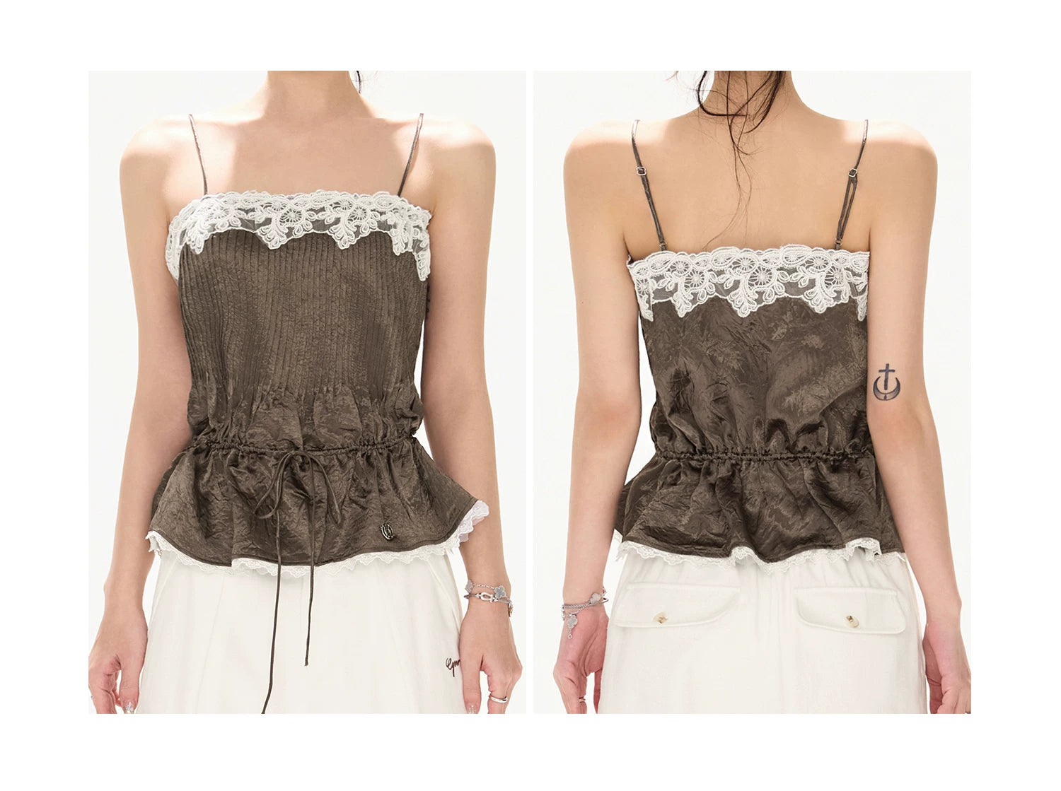 South France Holiday Contrast Lace Trim Ruffle Camisole