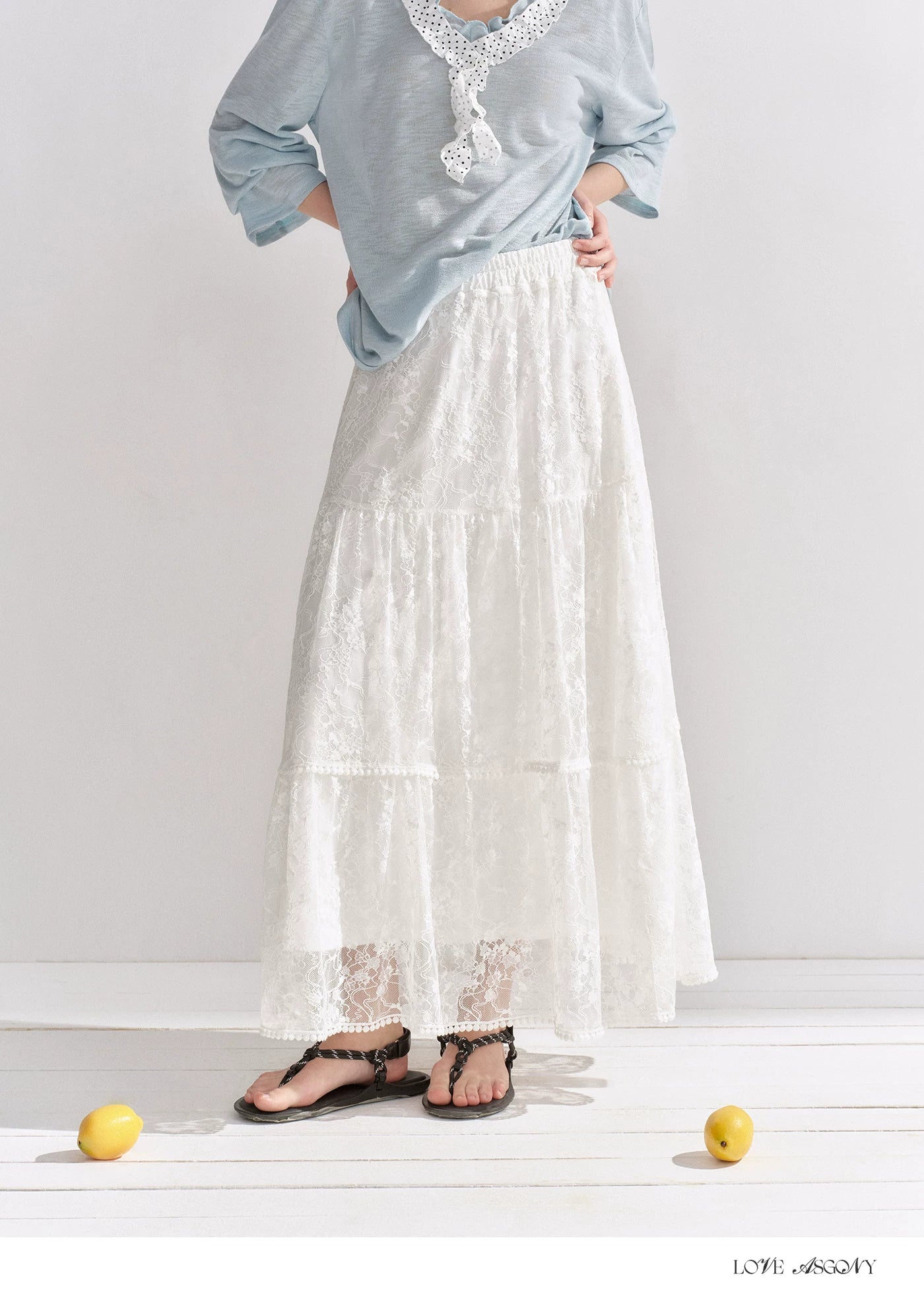 Lace Trim Elastic Waist A-line Long Skirt