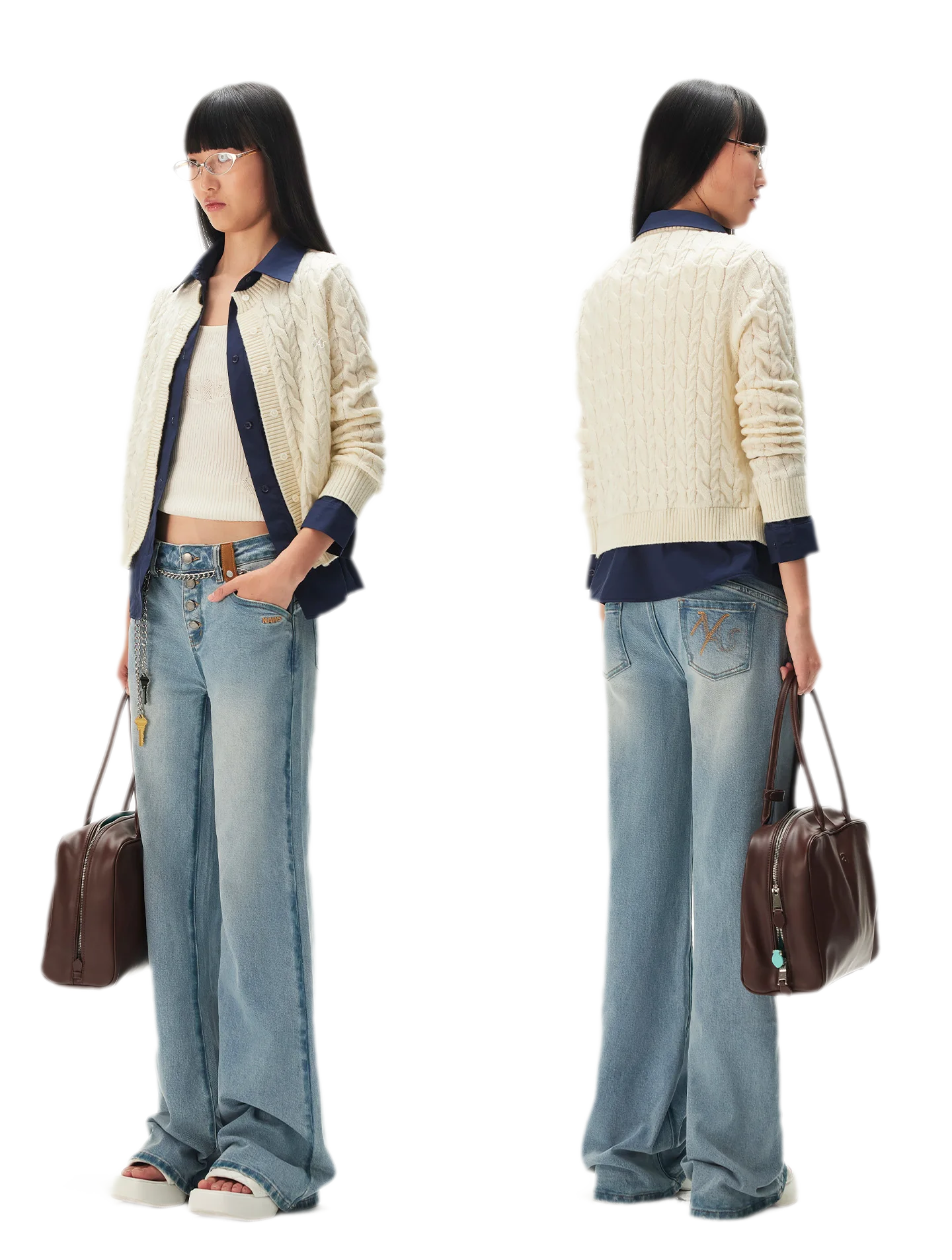 Cable Knit Faux-Layer Cardigan