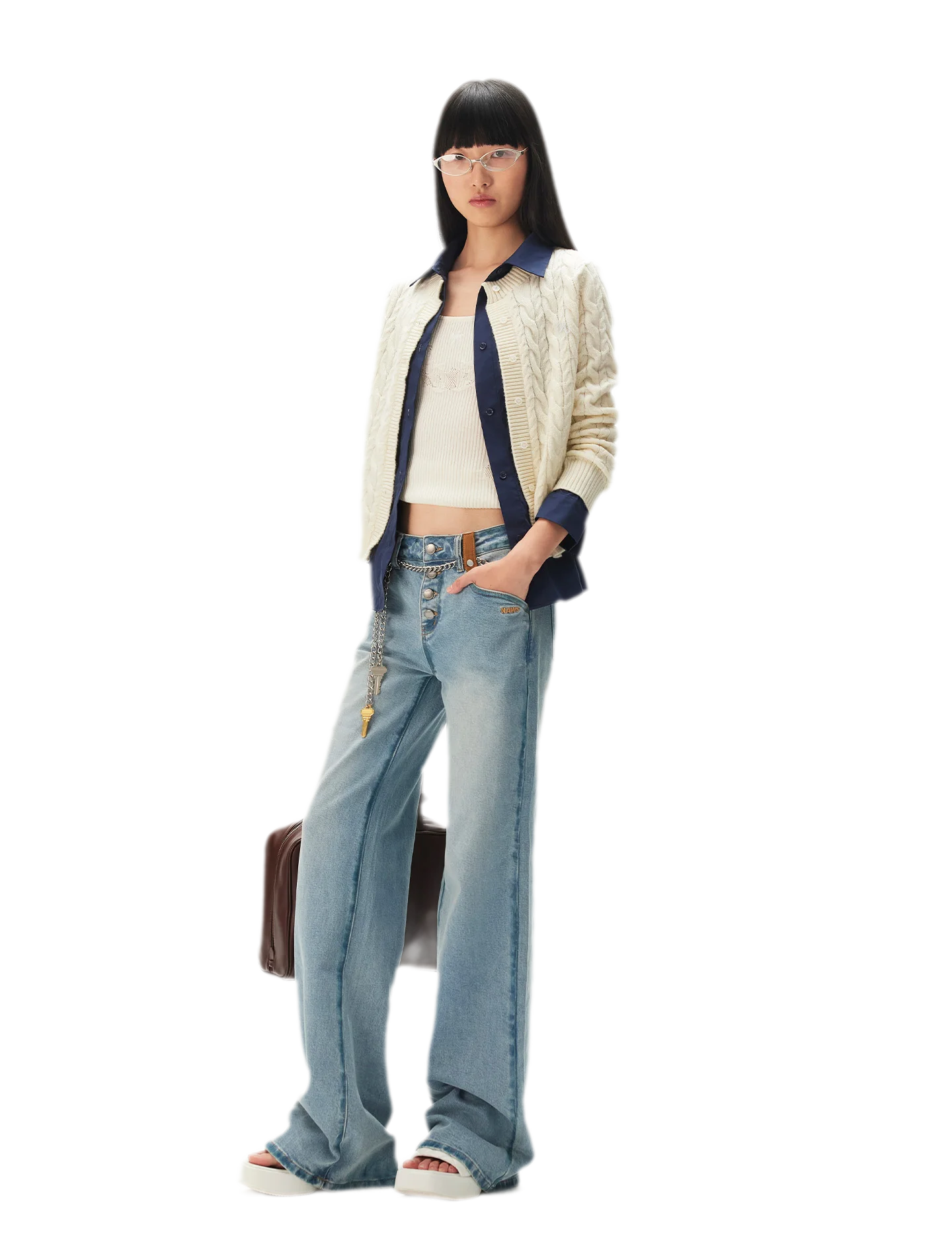 Cable Knit Faux-Layer Cardigan