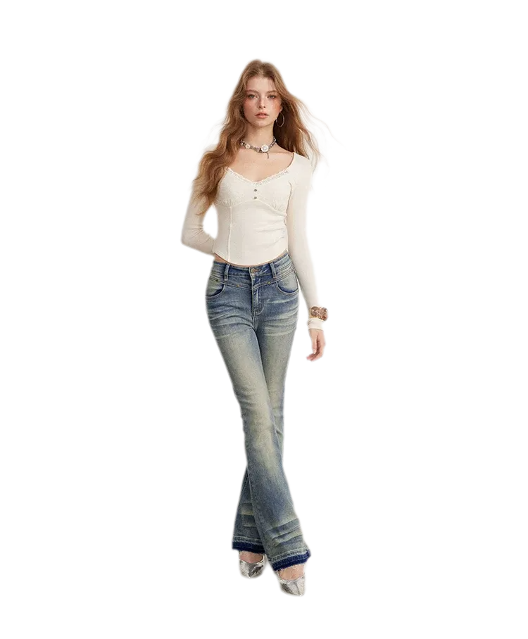 Lace Panel Cropped Long-Sleeve Top