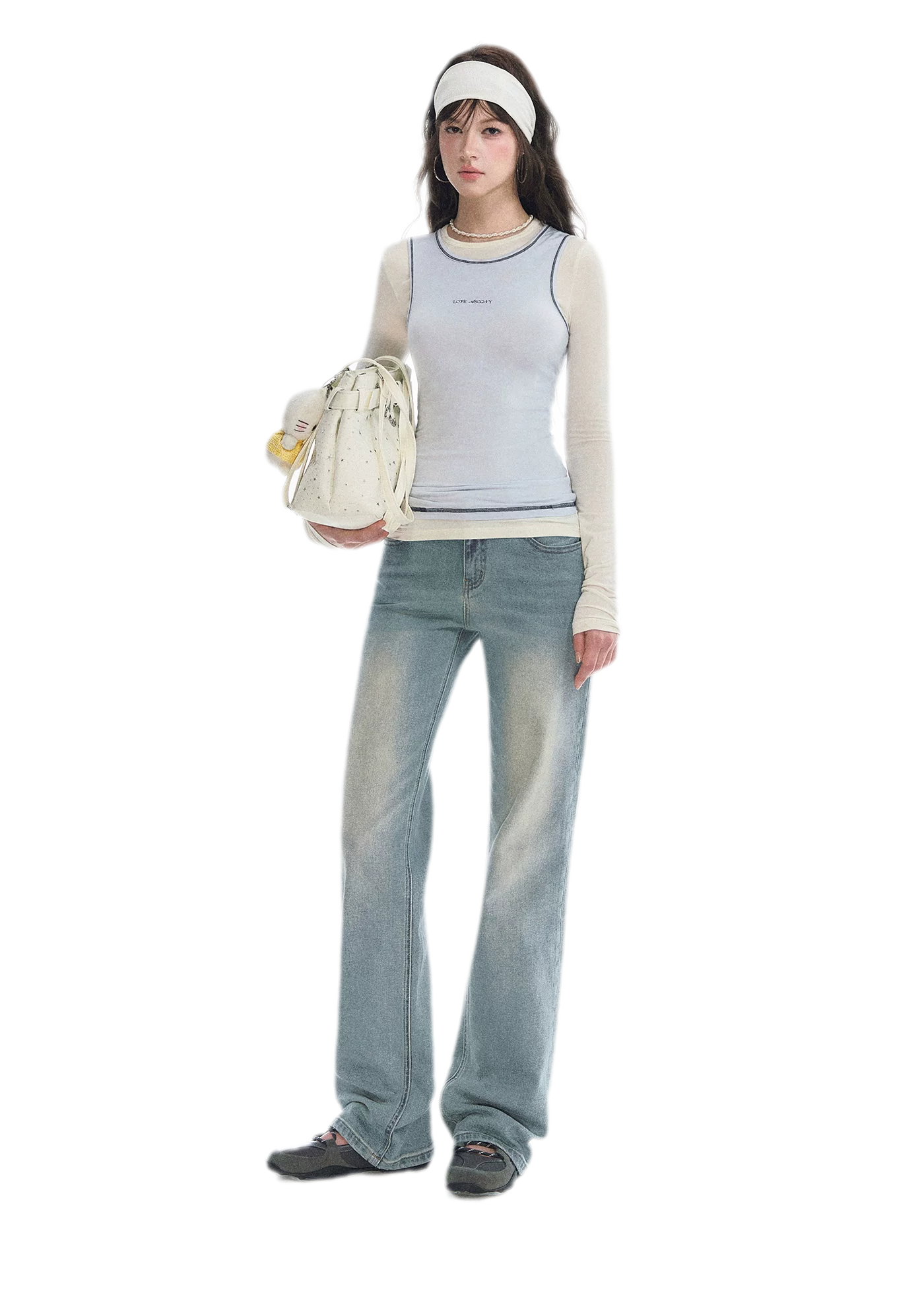 Washed Bow Embroidery Jeans