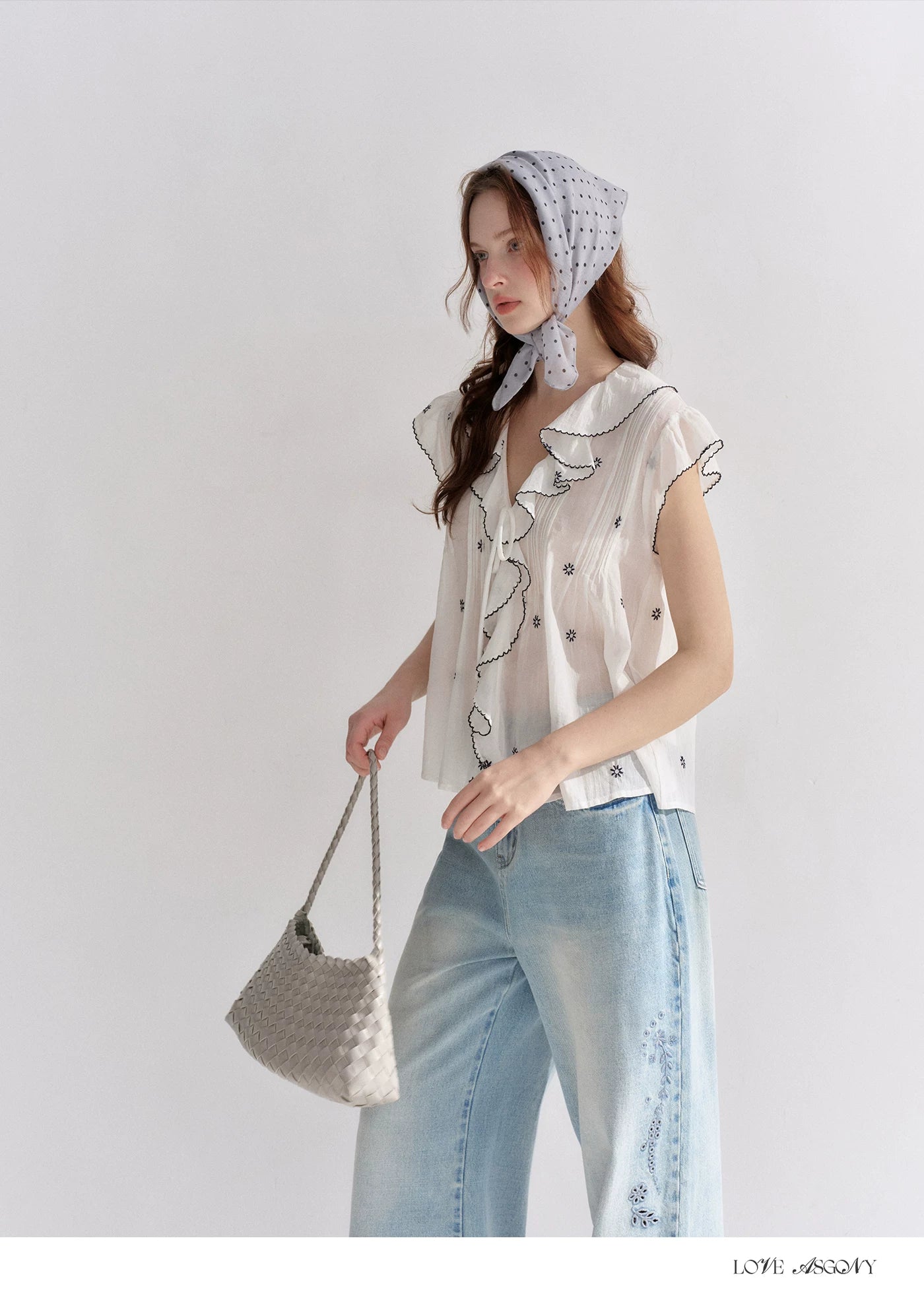 Cotton-Feel Embroidered Ruffle Sleeve Blouse
