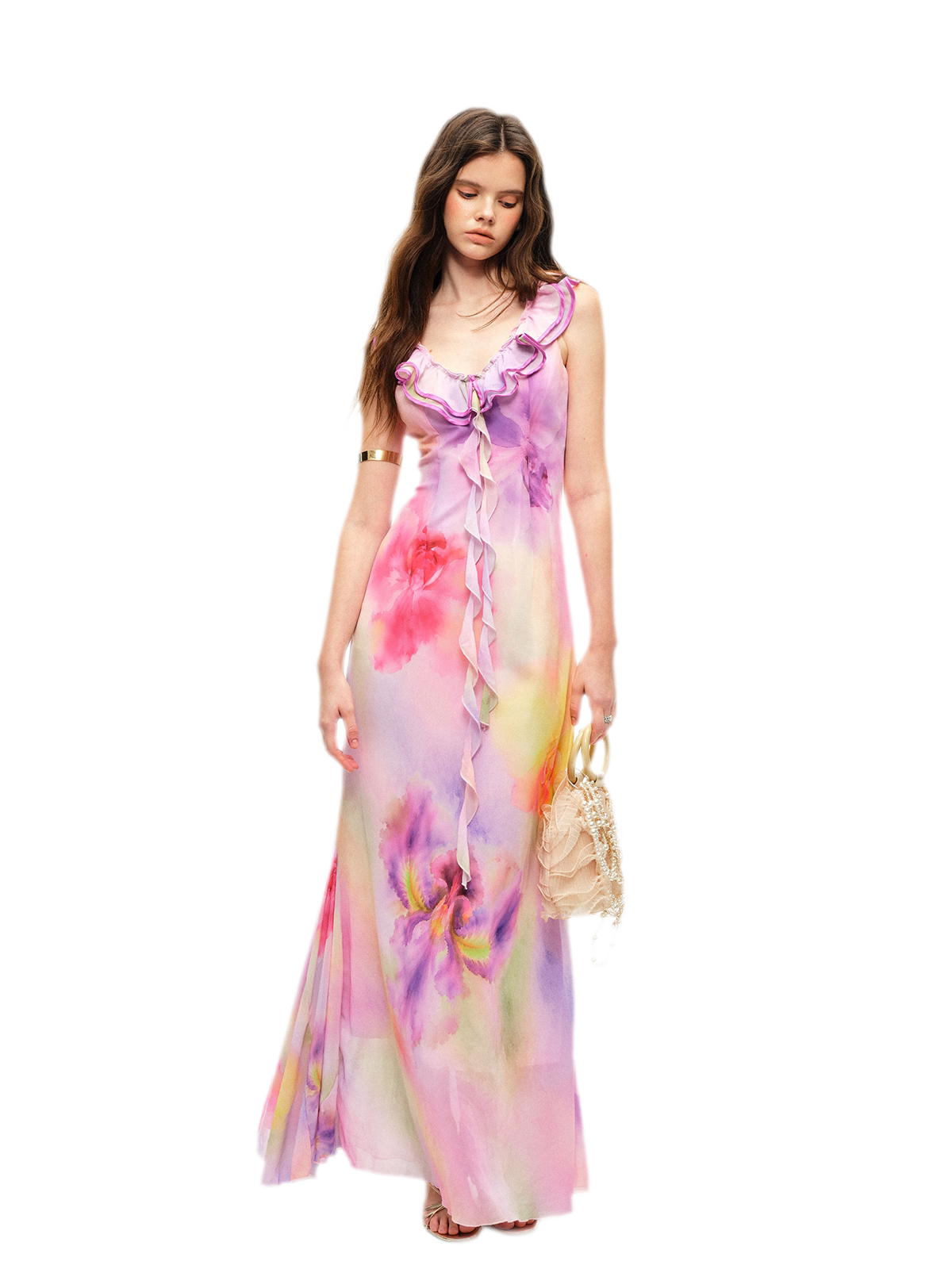 Watercolor Ruffle V-Neck Dress