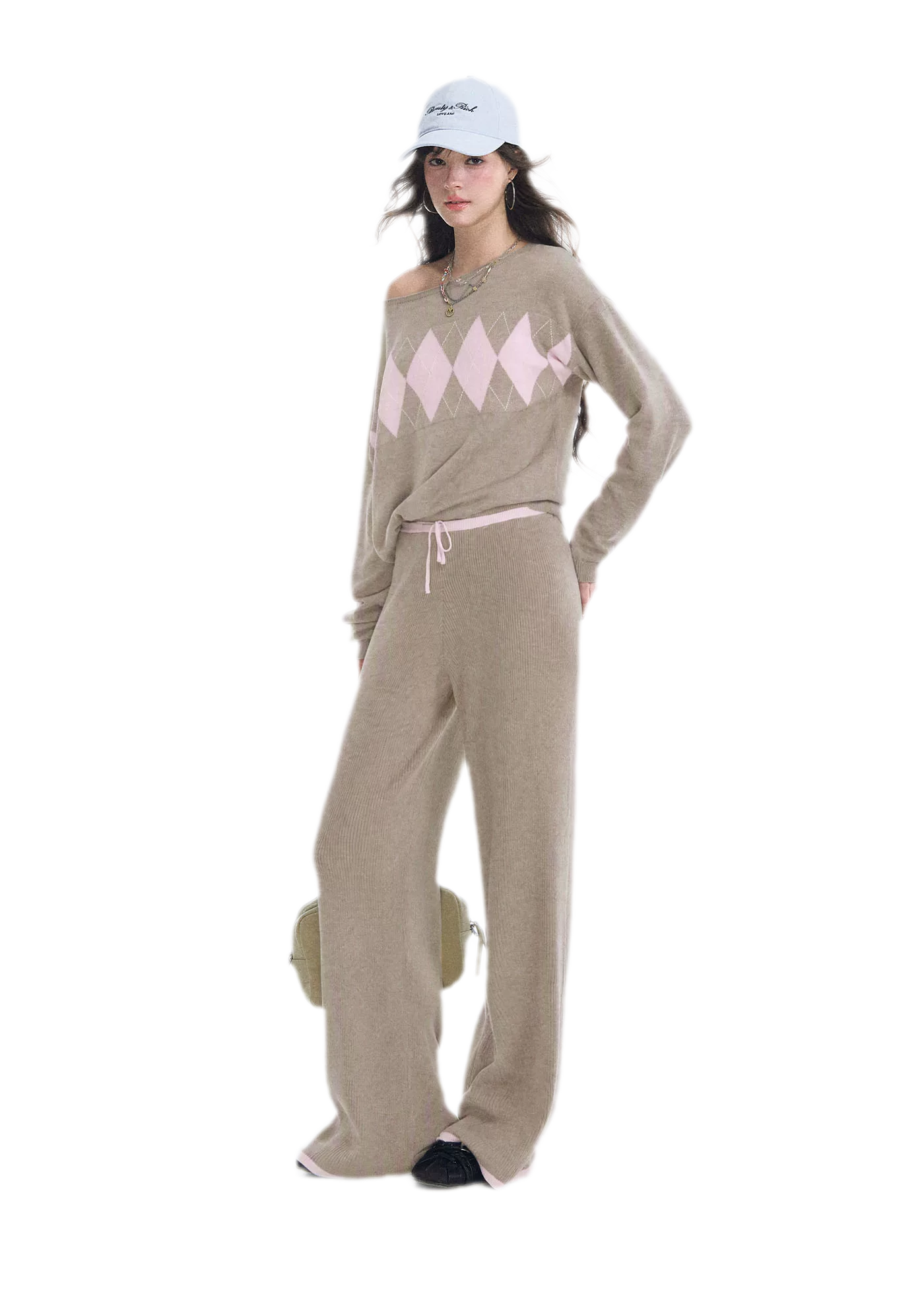 Argyle Off-Shoulder Knit Set