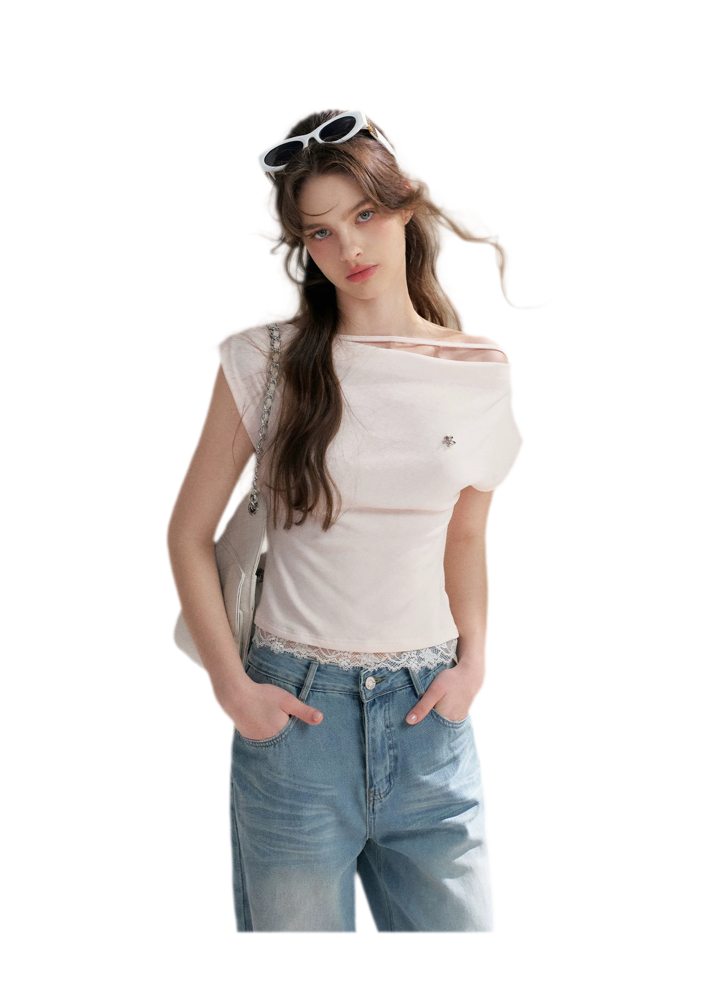 Lace Trim Asymmetric Short Sleeve T-Shirt