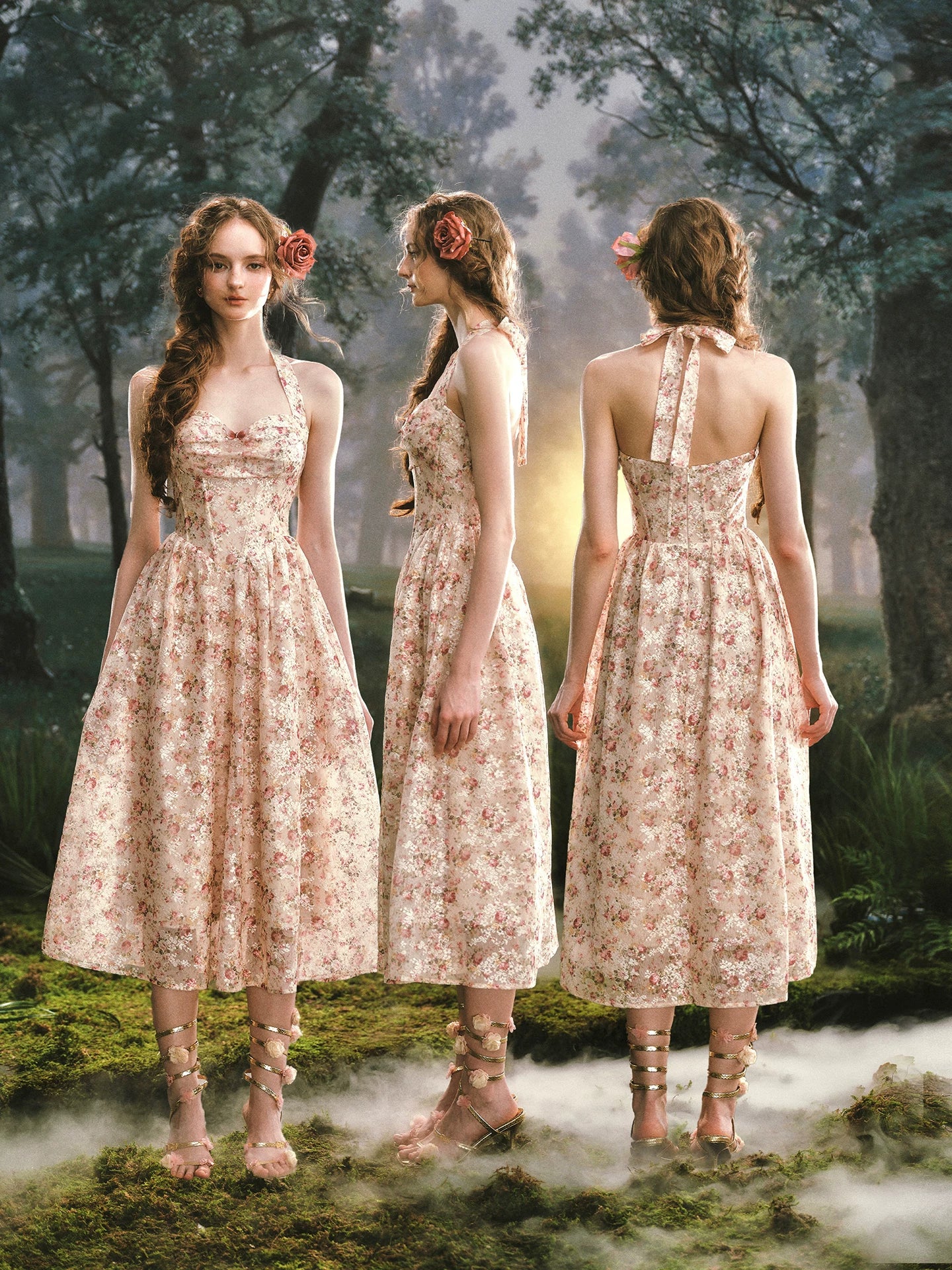 Forest Rose French Retro Floral Halter Long Dress