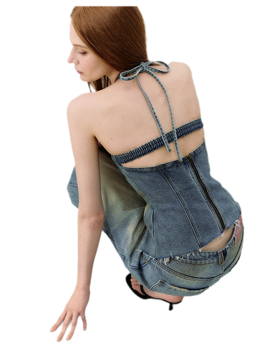 Denim Halter Top and Wide-Leg Jeans Set