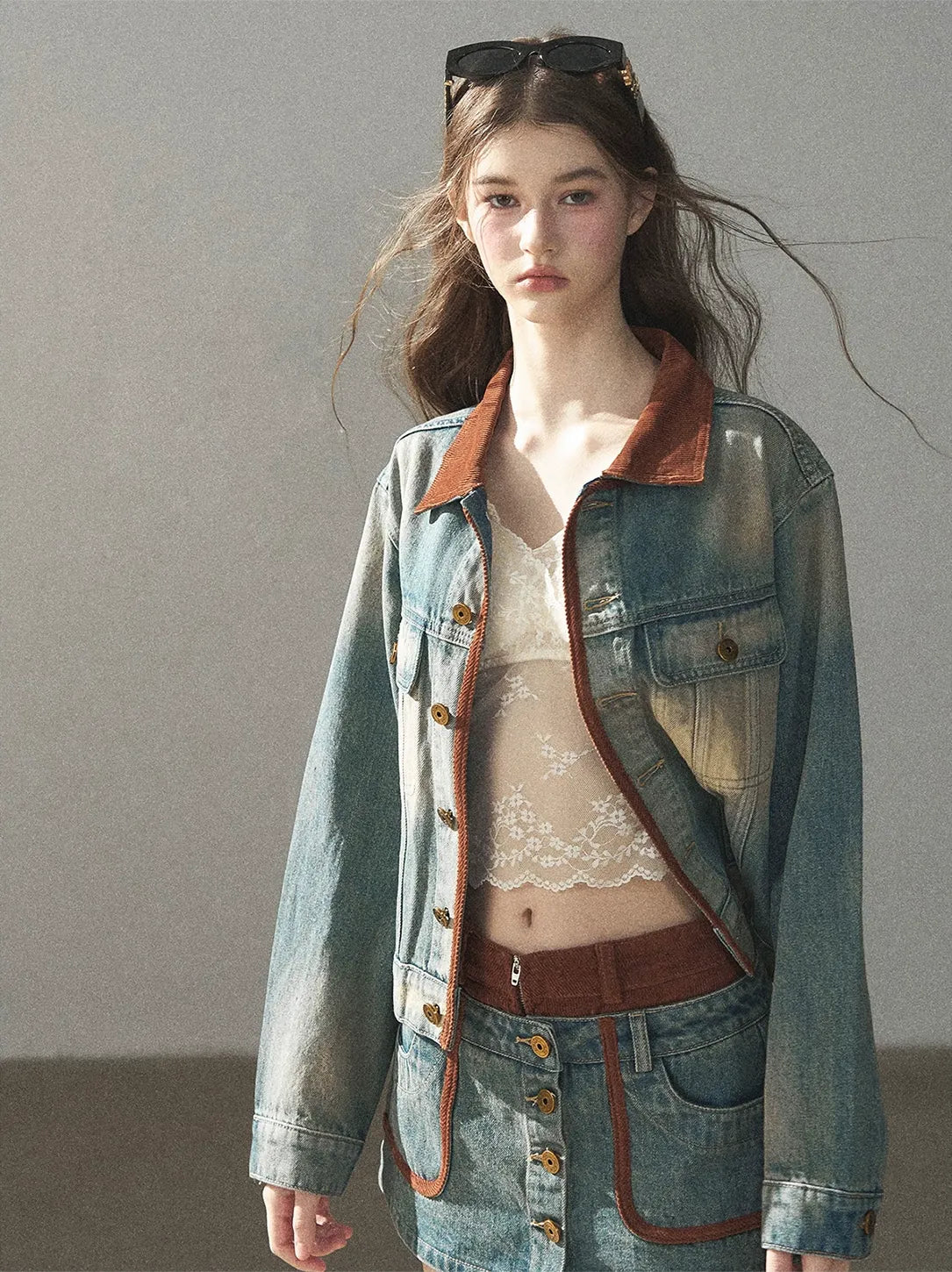 Washed Denim Jacket Skirt Set