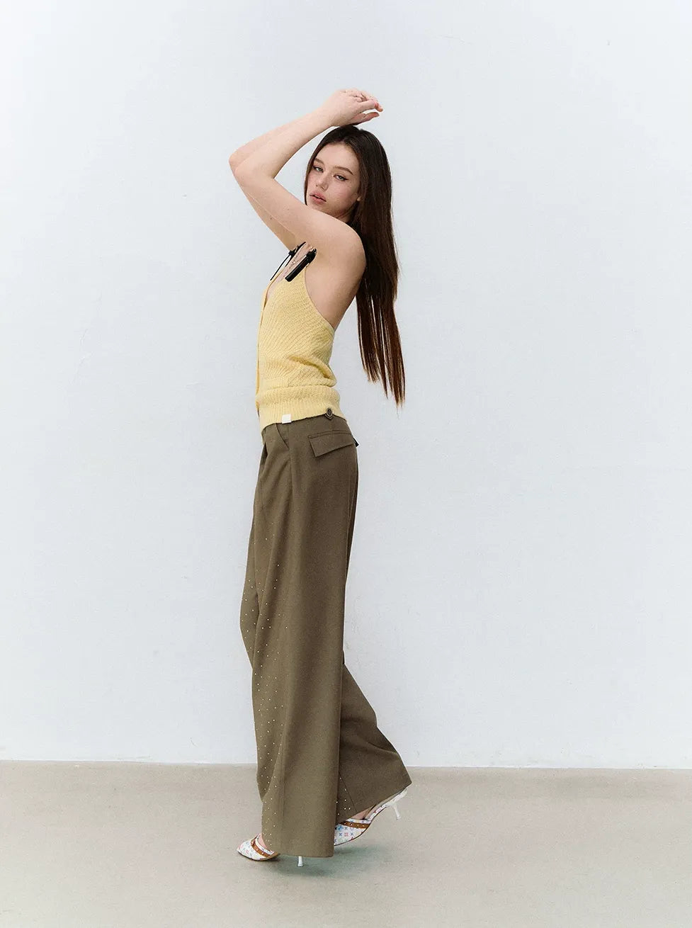 Rhinestone Pleated Waistband Wide-Leg Pants