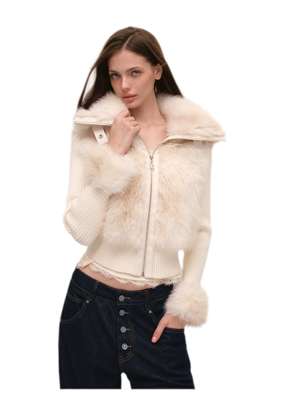 Taillierte Jacke mit Kunstpelz und Stehkragen
