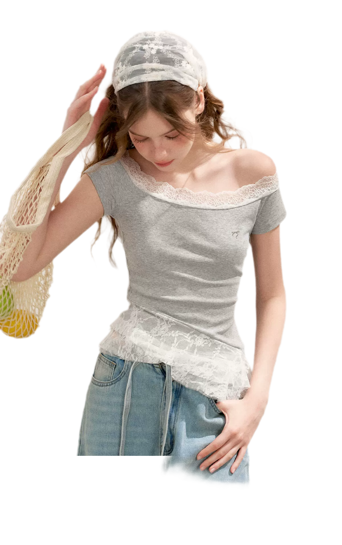 Asymmetric Lace Off-Shoulder T-Shirt