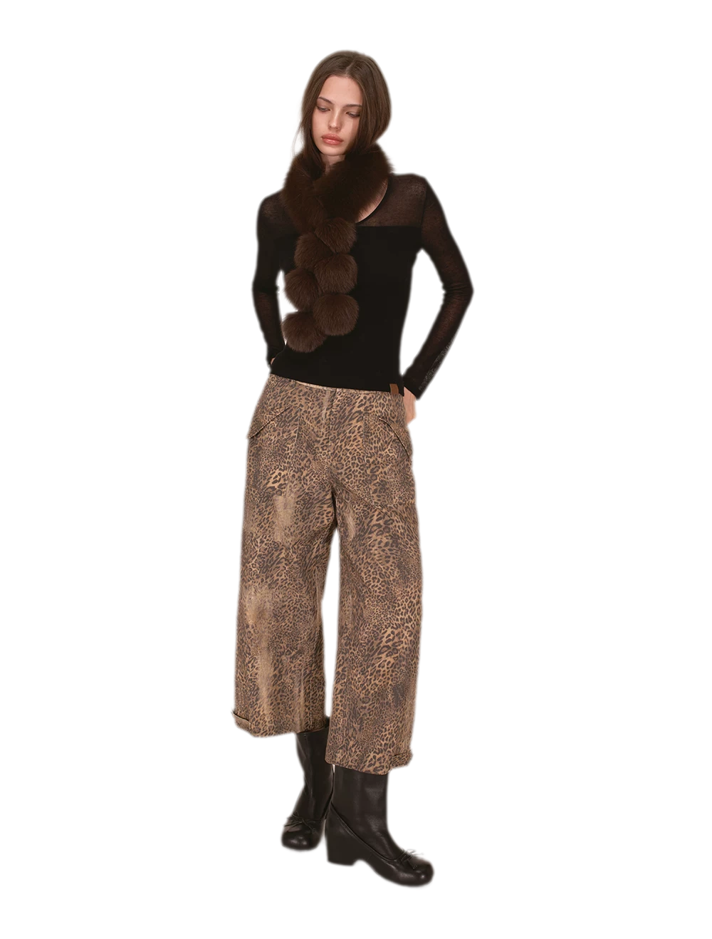 Distressed Leopard Wide-Leg Jeans