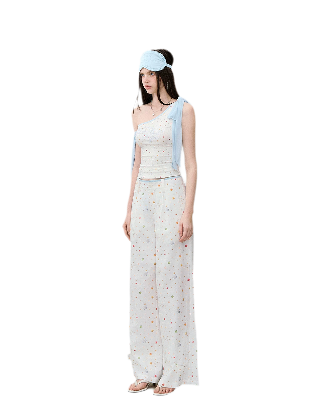 Printed Mesh One-Shoulder Tie Tank