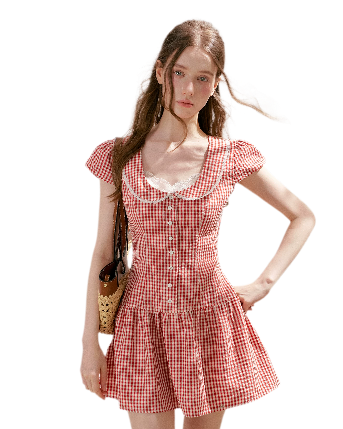 Tencel Cotton Lace Vintage Plaid Short Sleeve Dress