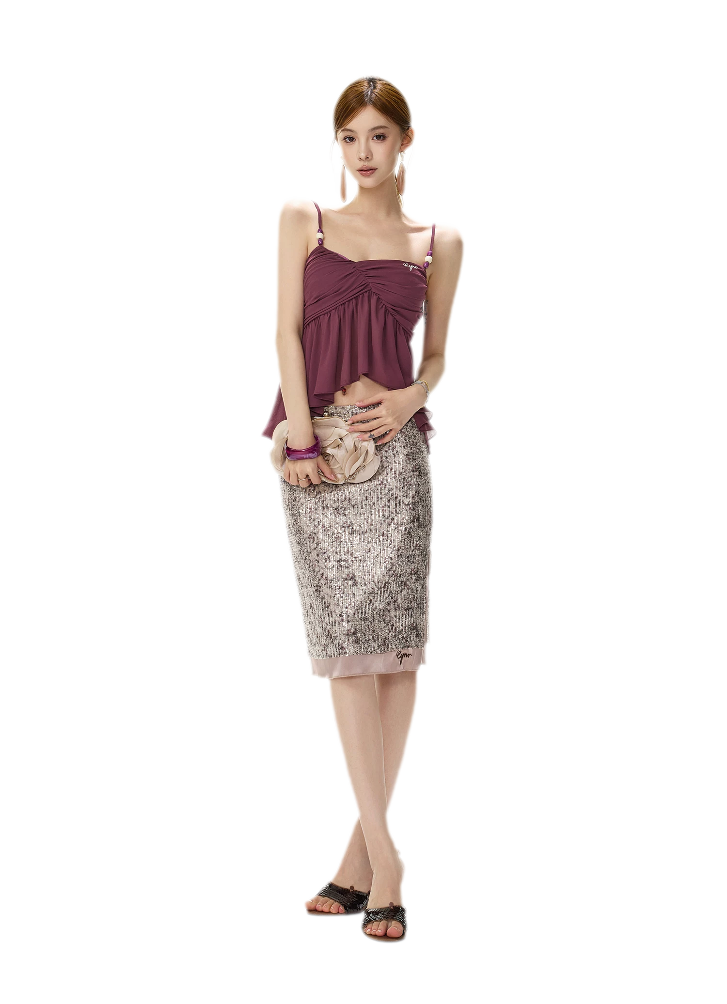 Purple Sequin Slit Skirt