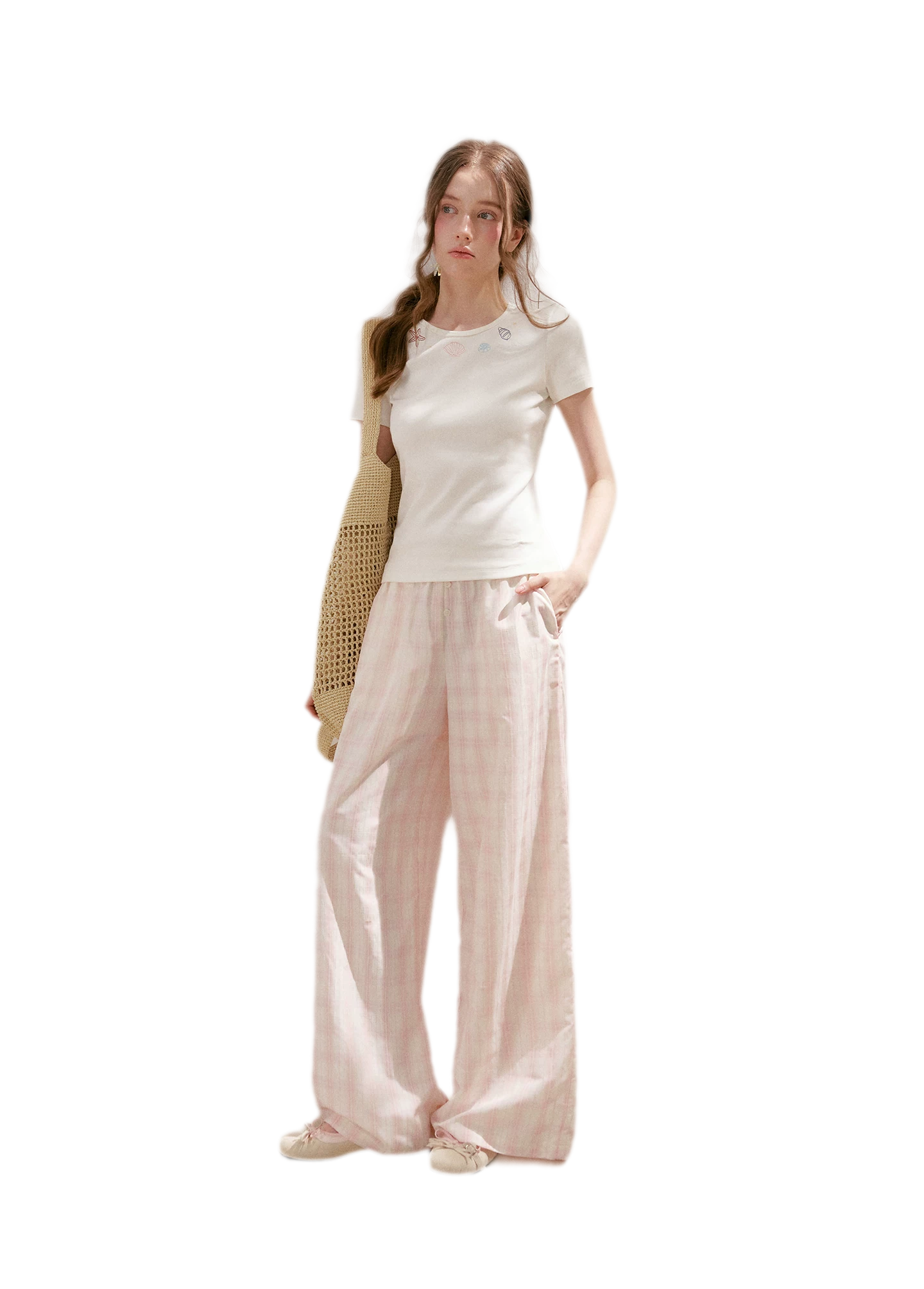 Linen Checkered High-Waist Wide-Leg Pants