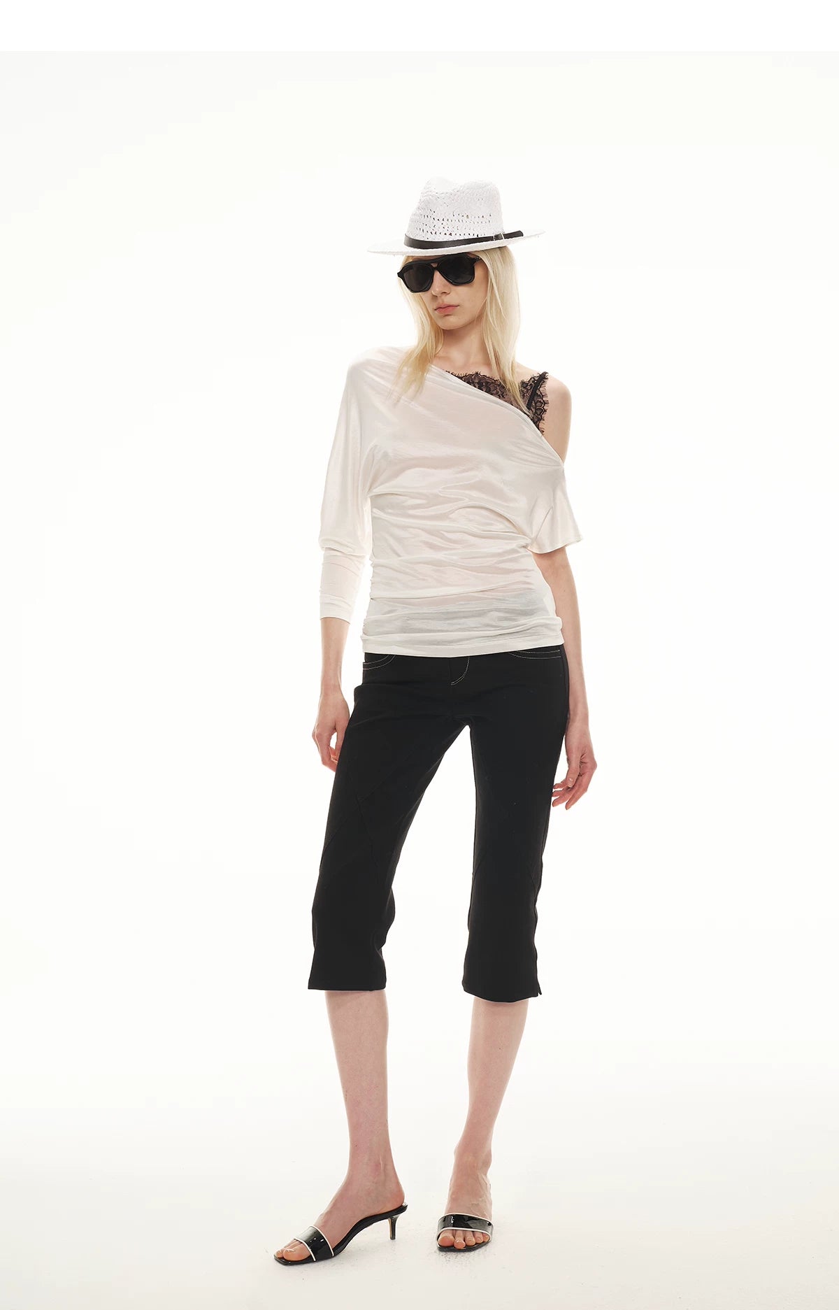 Silky Satin Texture Asymmetric Off-Shoulder Lace Trim T-Shirt
