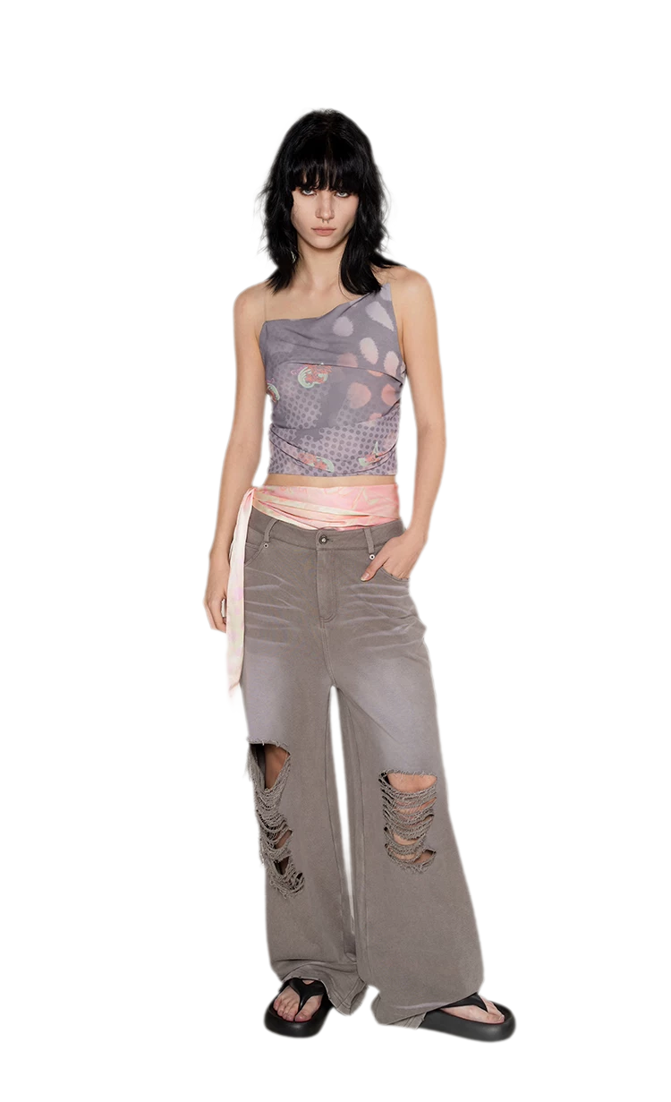 Washed Distressed Straight Pants
