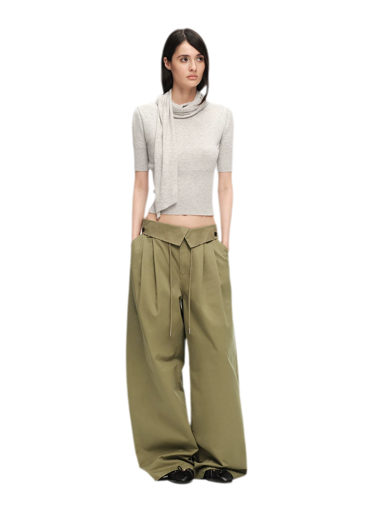 Washed Cross-Waistband Wide-Leg Pants
