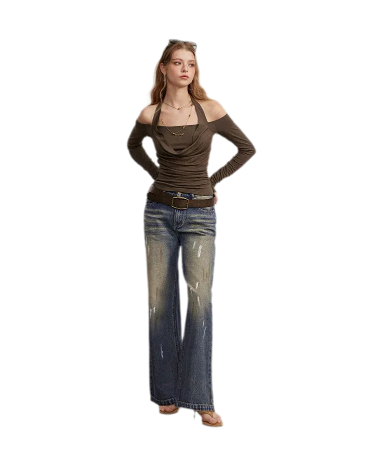 Washed Paint-Splatter Wide-Leg Jeans