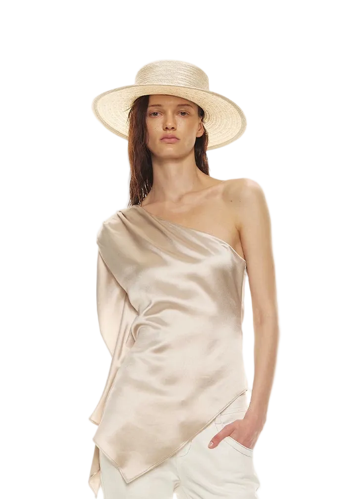 Asymmetric One-Shoulder Waist-Slimming Top in Apricot