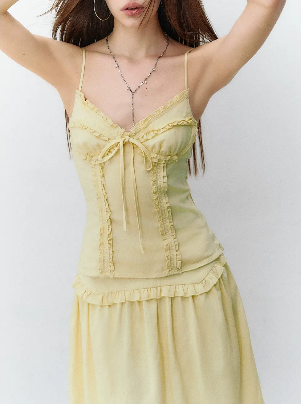Semi-Sweet Design Bowknot Ruffle Camisole & Skirt Set