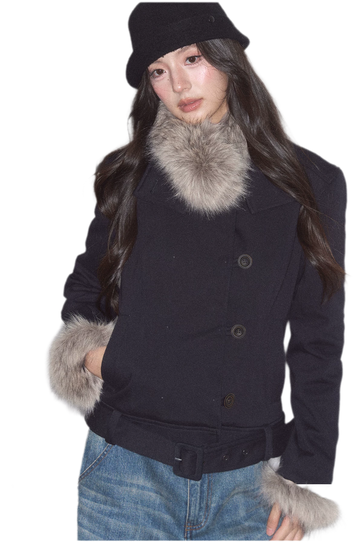 Detachable Fur Collar Twill Coat
