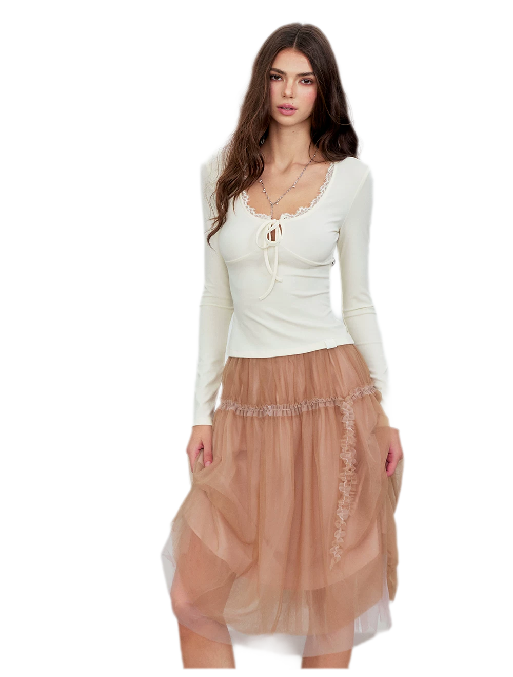 Layered Mesh Ruffle Midi Skirt
