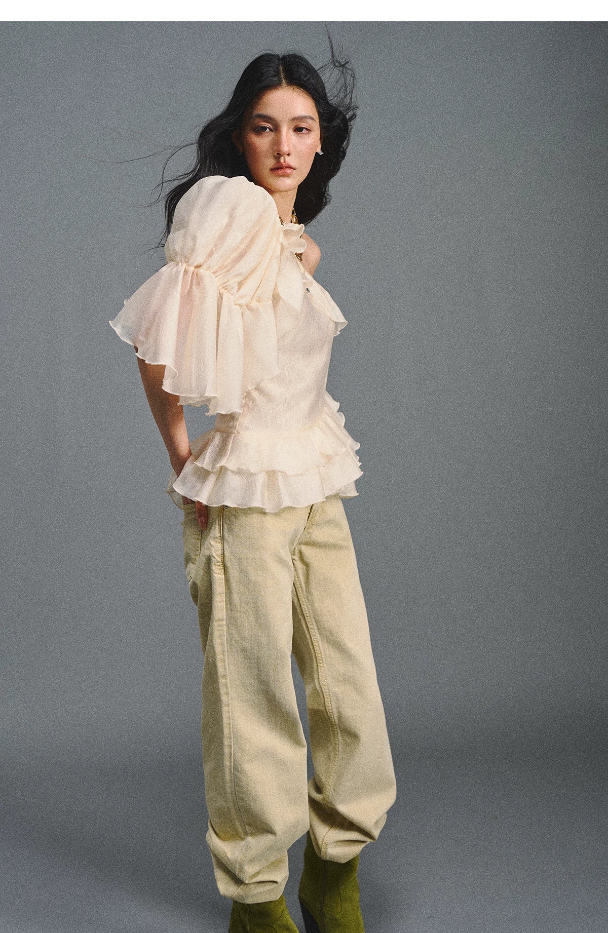 Vintage Romantic Lace Ruffled Asymmetric Top