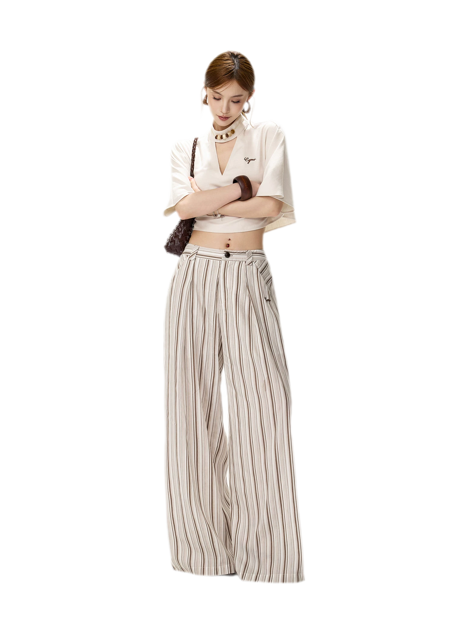 Tencel Stripe Wide-Leg Pants