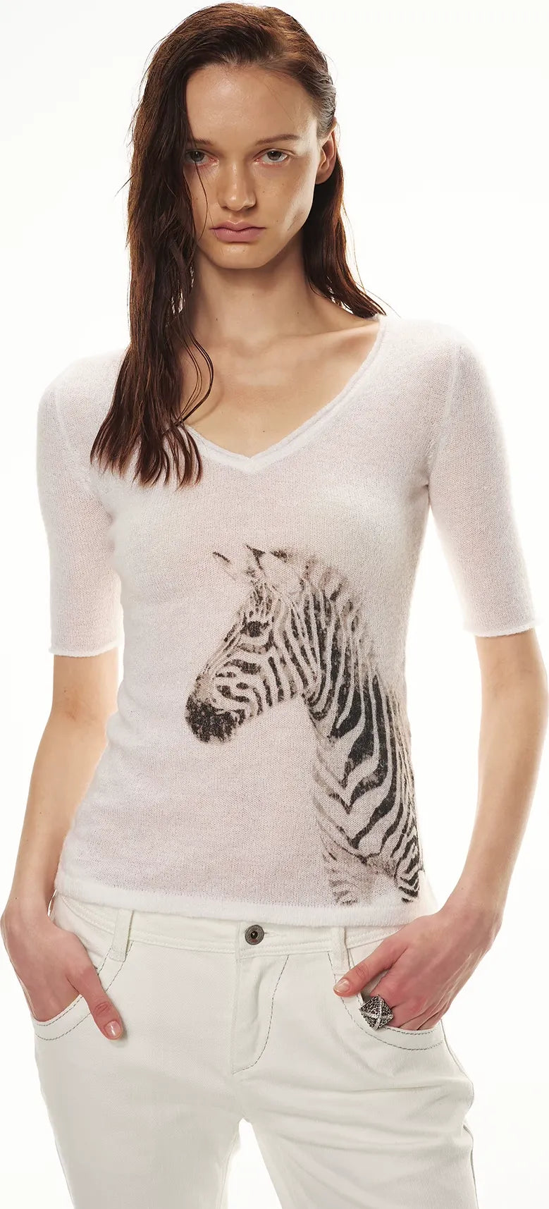 Stylish Zebra Print V-Neck Mohair Wool Blend Sweater