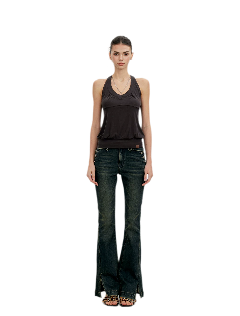 Washed Slit Flare Jeans