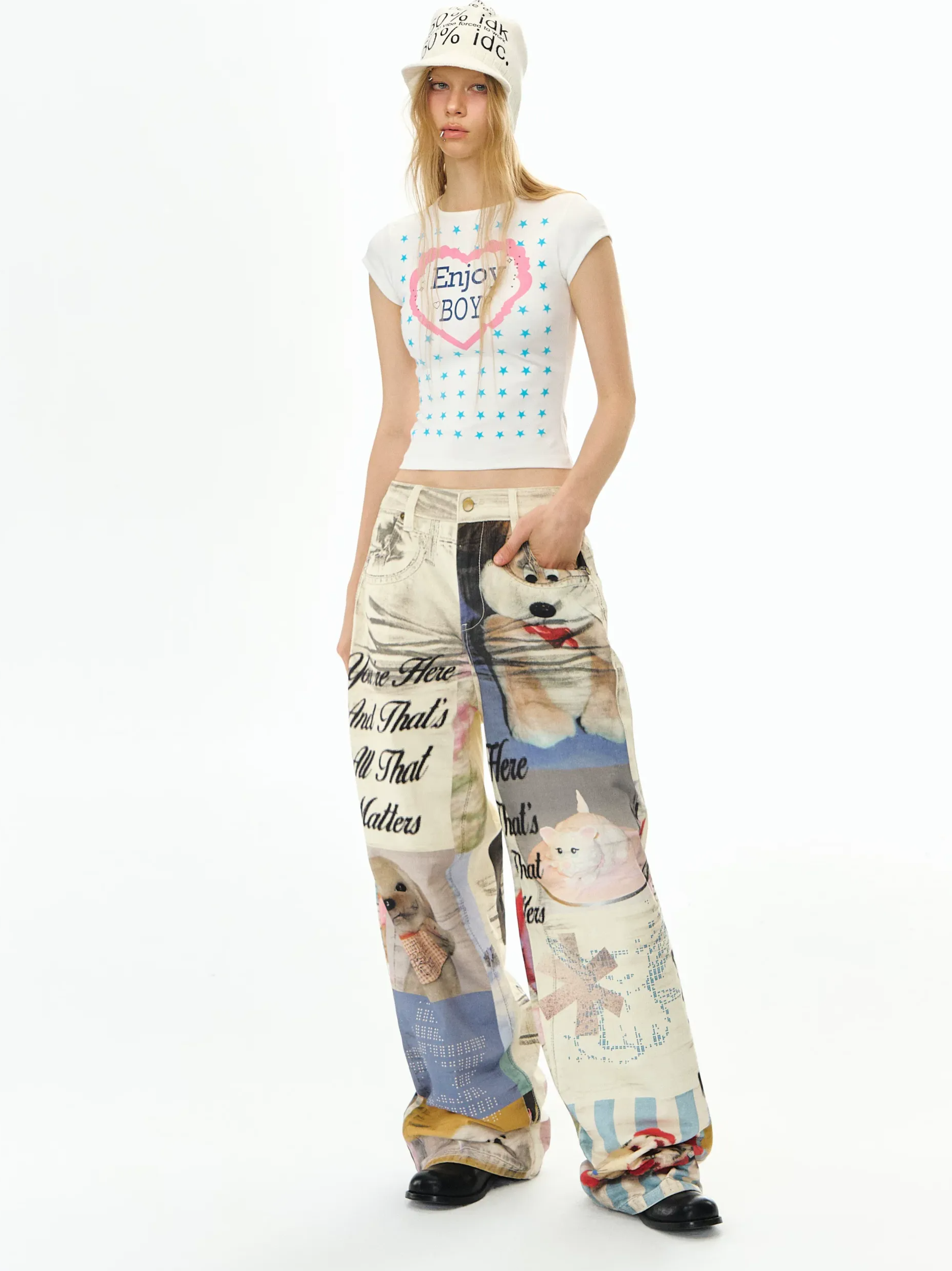 Washed Print Wide-Leg Jeans