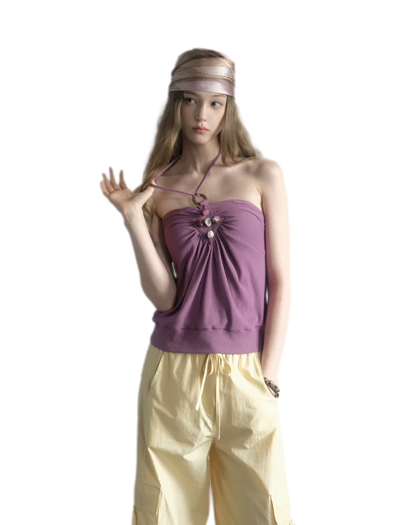 Beaded Ruched Halter Ribbed Top