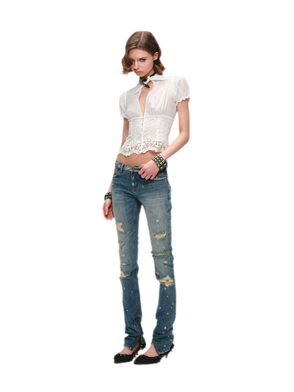 Deep V-Neck Jacquard Blouse