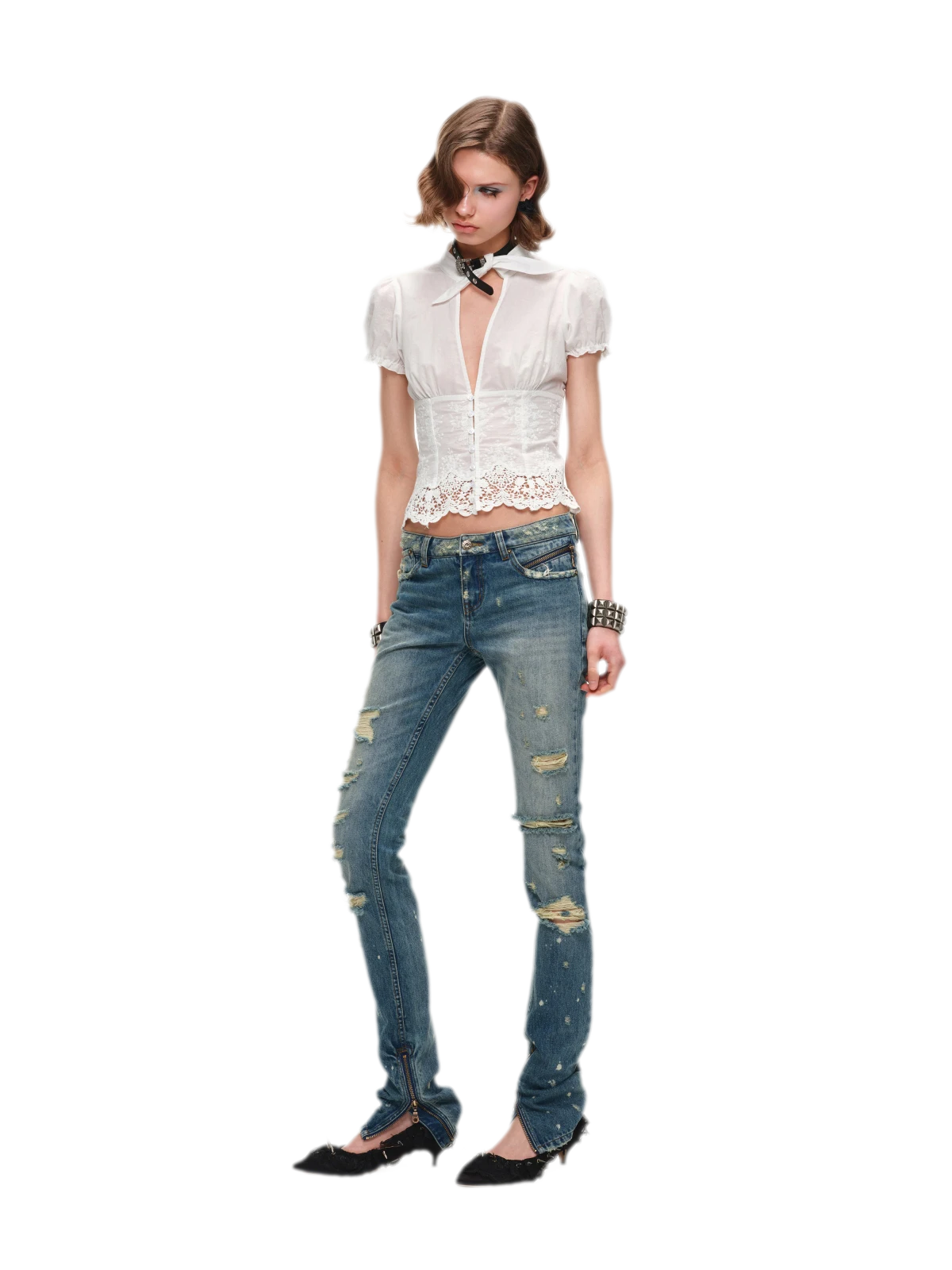 Deep V-Neck Jacquard Blouse