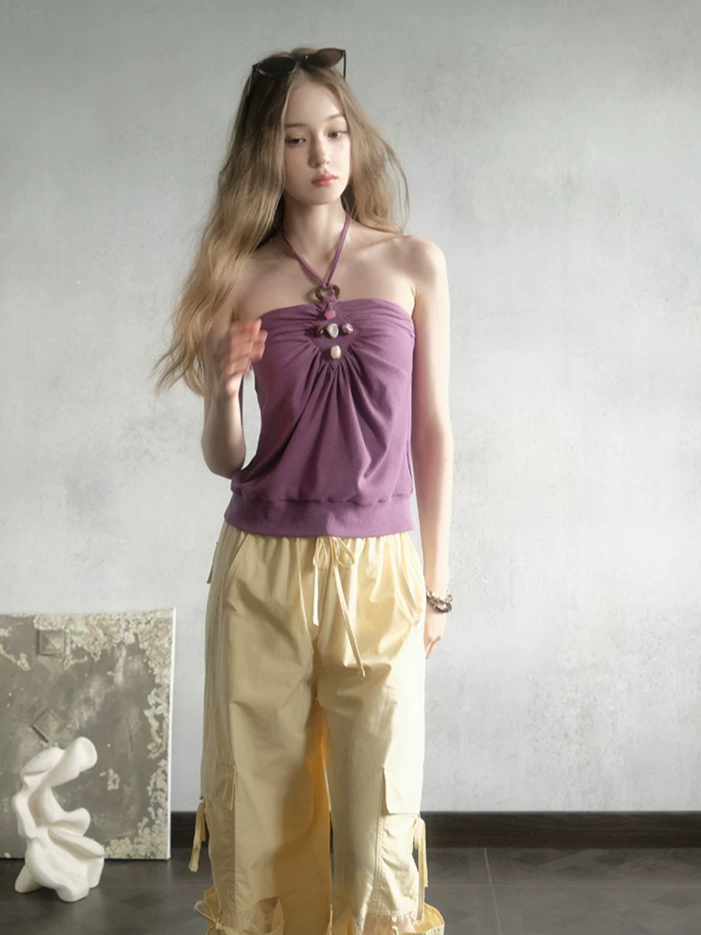 Beaded Ruched Halter Ribbed Top