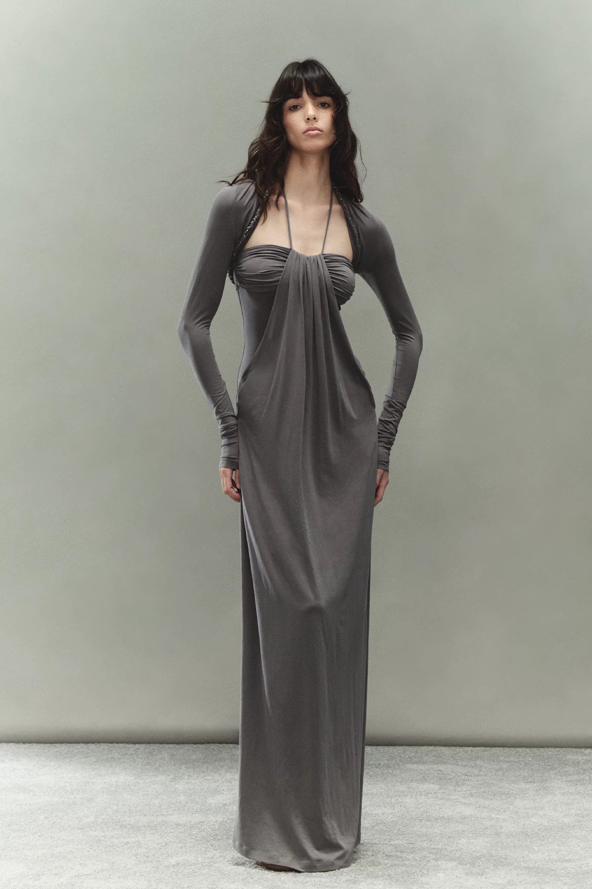 Laisel Handwoven Twist Metallic Chain Pleated Halter Dress