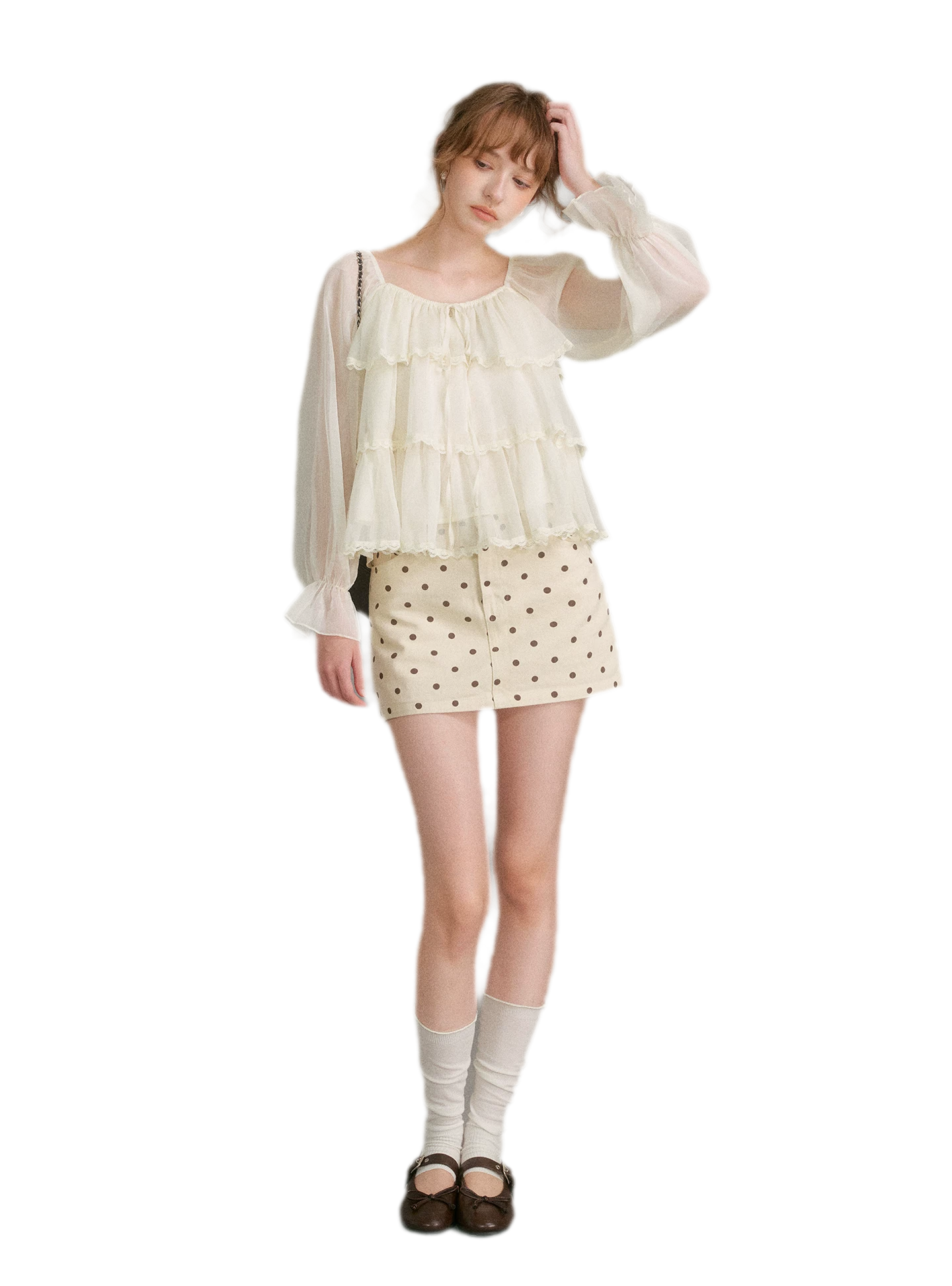 Chiffon Ruffle Lantern Sleeve Blouse