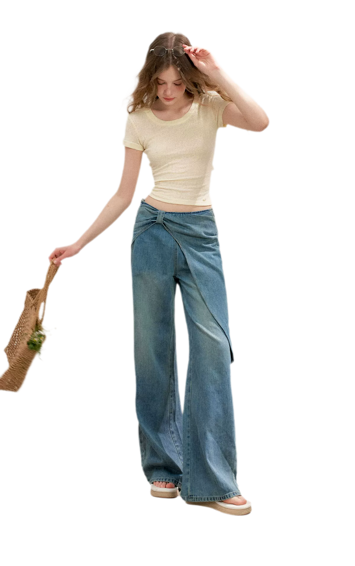 Soft Cotton Wide-Leg Jeans with Bow Detail
